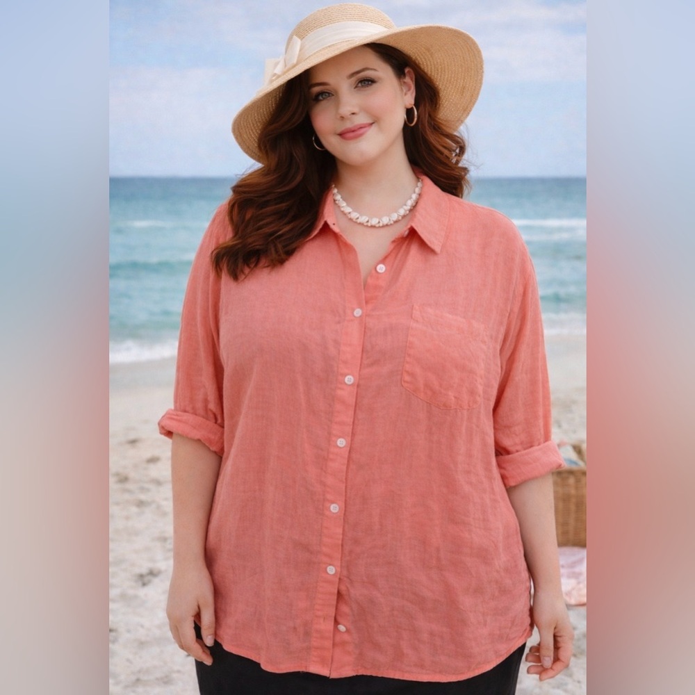 *Susan Graver -melon color , button down shirt -gauzy 90’s/Y2K style -100 cotton